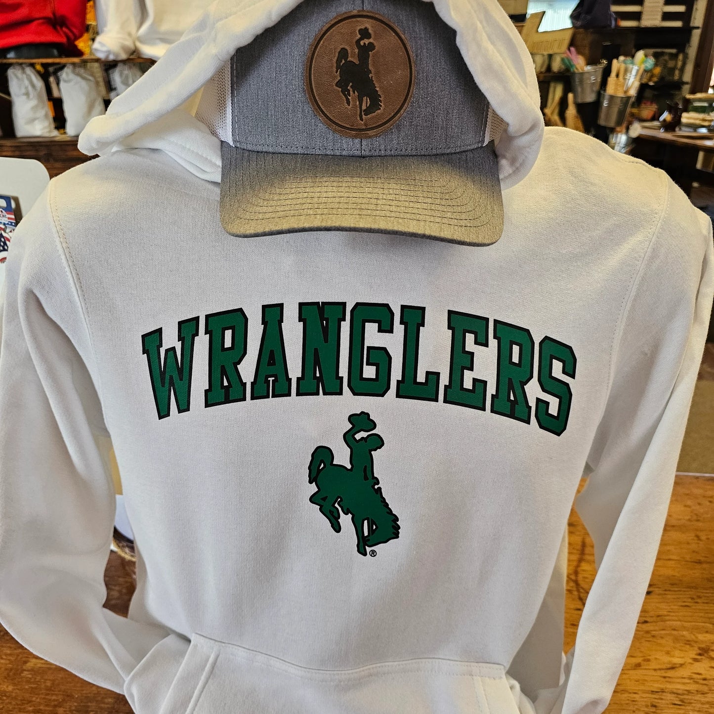 Pinedale Wranglers White Hoodie, Green with black outline