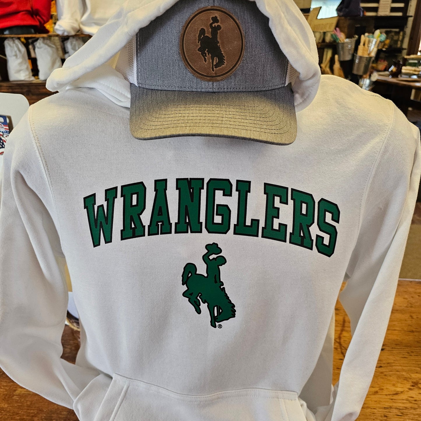 Pinedale Wranglers White Hoodie, Green with black outline