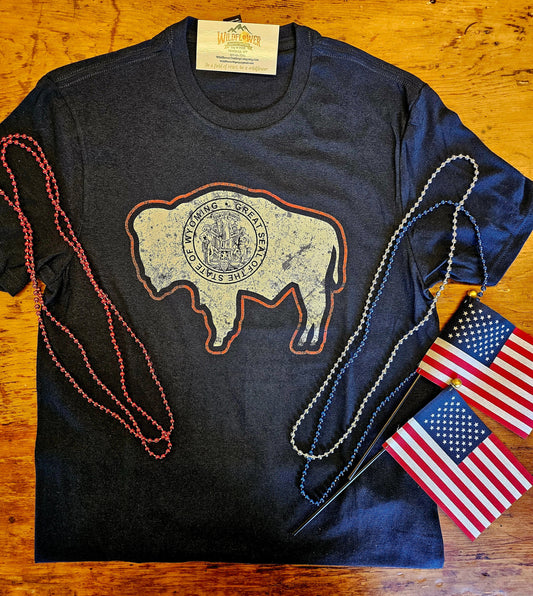 Navy Bison Wyoming Flag Tshirt